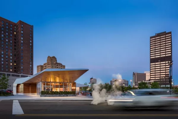 Road view of LUMEN AT BEACON PARK, a dynamic commercial architecture project in downtown Detroit